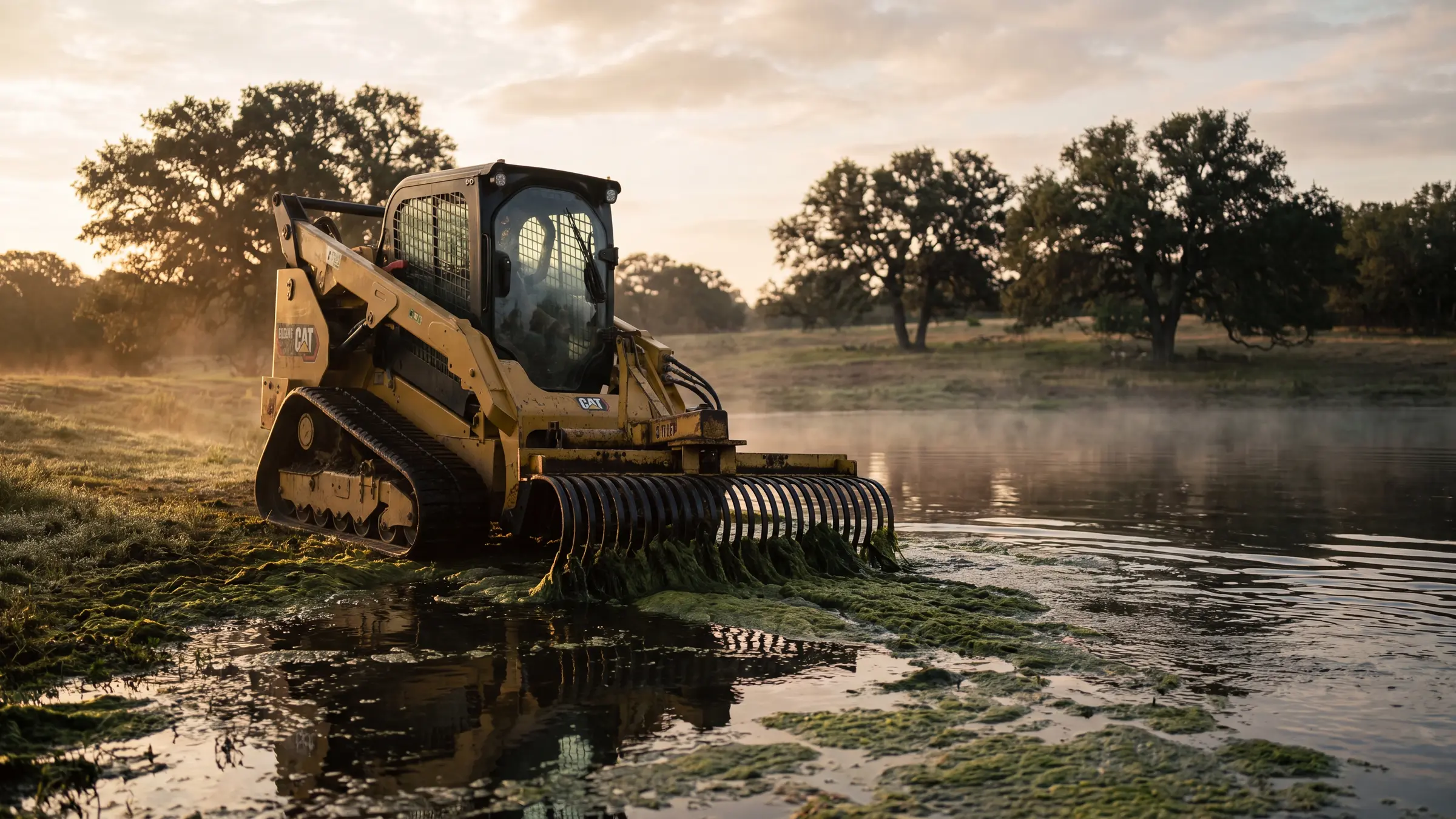 A yellow Caterpillar compact track loader with a steel landscape rake pulling thick green algae from the edge of a Texas ranch pond at golden hour